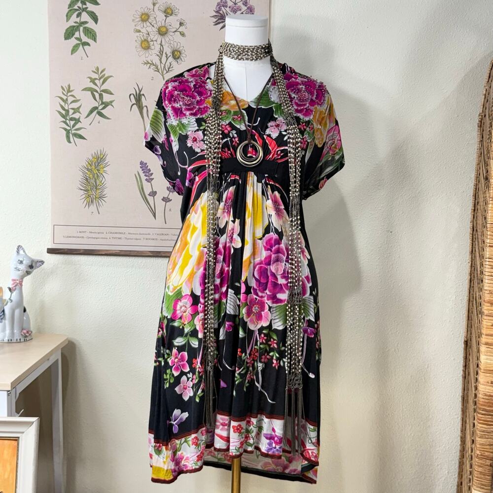 90s Y2k Floral Beaded Sequin Mini Dress Dark Fairy Grunge Forest Boho Hippie L